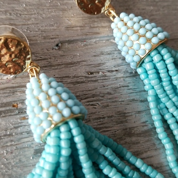 BLUE BEADED TASSEL EARRINGS - Picture 4 of 4